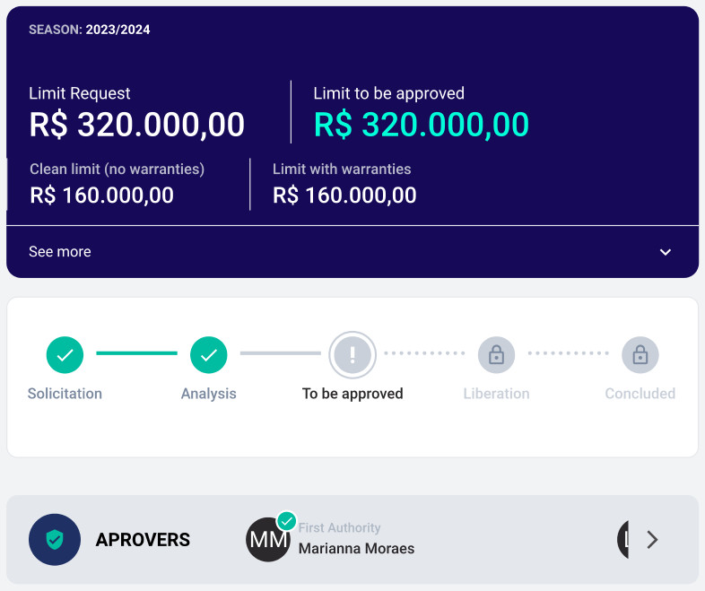 Screenshot of the Traive platform displaying the credit request area. It includes the rural producer's credit request data and the stage of this request in the approval flow.