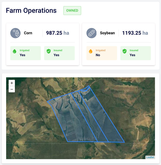 Screenshot of the producer's farm information page. It includes crop information, a satellite image view of the farm polygon, and irrigation and land lease information.