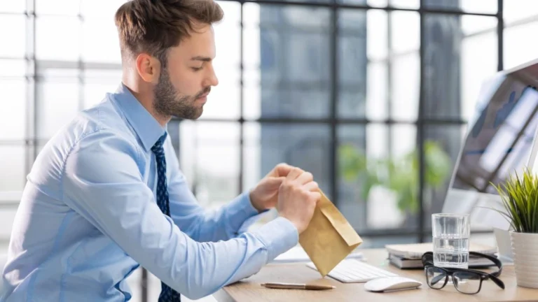 Homem de camisa social abrindo um envelope em uma mesa de escritório moderna, destacando a importância da comunicação eficaz no ambiente de trabalho.