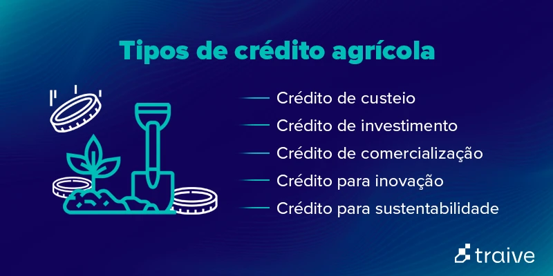 Imagem ilustrativa sobre tipos de crédito agrícola, destacando categorias como custo, investimento, comercialização, inovação e sustentabilidade.