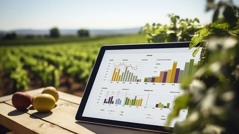 Análise de dados agrícolas com gráficos coloridos em um tablet em uma vinícola, em meio a parreiras e frutas frescas.