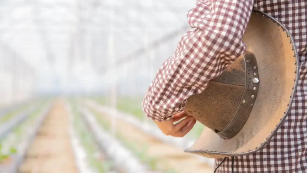 Imagem de um agricultor em um ambiente de estufa usando um chapéu.